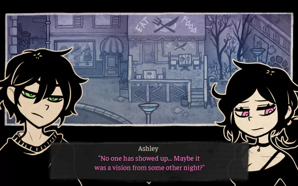 HD wallpaper from the video game The Coffin of Andy and Leyley, featuring two animated characters with a dialogue box in a moody, urban setting.