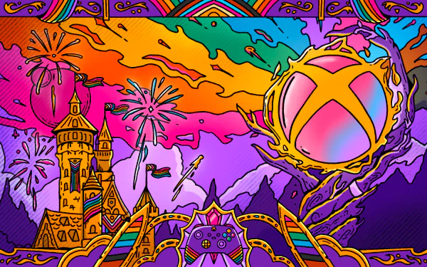 An artistic Xbox-themed HD wallpaper featuring a vibrant landscape with a castle, colorful skies, and an Xbox controller, all set against a backdrop of fireworks.