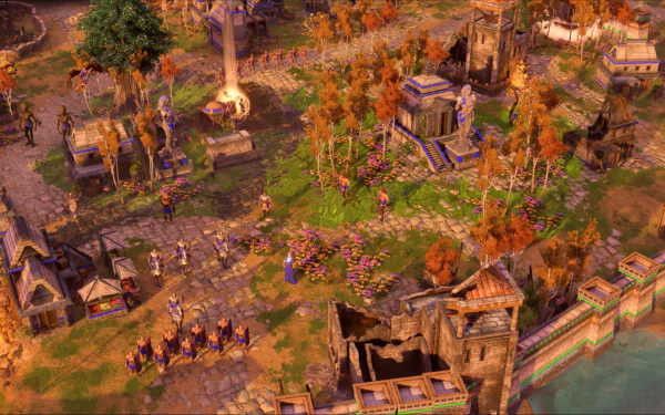 HD desktop wallpaper of Age of Mythology: Retold video game featuring a vibrant, detailed scene of a mythological city and its surroundings.