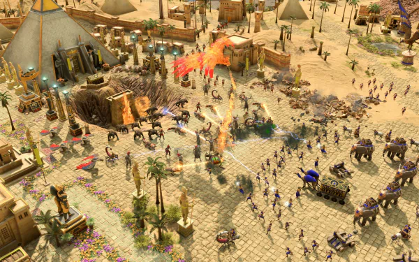 HD desktop wallpaper of Age of Mythology: Retold, depicting an ancient battle scene with mythical creatures and warriors in a desert setting.