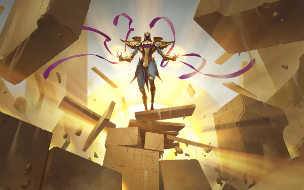 HD wallpaper and background featuring Azir from League of Legends, as depicted in the video game Legends of Runeterra, standing commandingly among floating stone ruins with golden light rays.