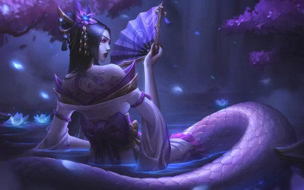 HD desktop wallpaper featuring Cassiopeia from the video game League of Legends, depicted in a mystical, serene setting with purple hues and ethereal lighting.