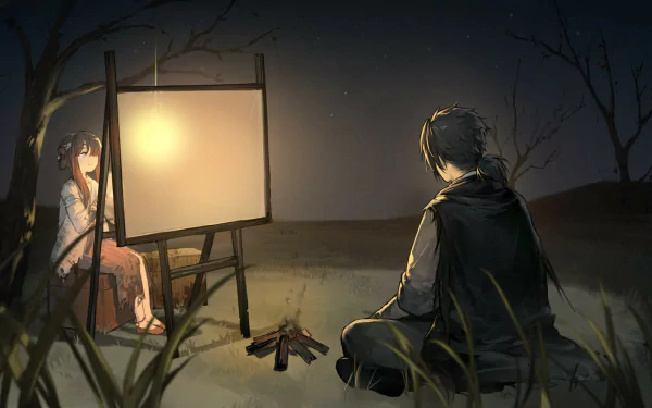 HD desktop wallpaper of The Hungry Lamb: Traveling in the Late Ming Dynasty video game. It features two characters by a campfire, with one sitting on the ground and the other near an illuminated screen.