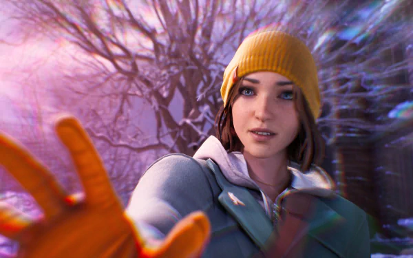 HD desktop wallpaper featuring a character from the video game Life is Strange: Double Exposure. The character is wearing an orange beanie, reaching out against a vibrant, slightly blurred outdoor background.