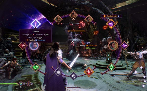 HD desktop wallpaper and background from the video game Dragon Age: The Veilguard, featuring a player character engaged in a complex battle with various onscreen abilities and stats displayed.