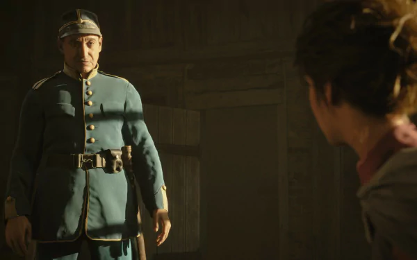 HD wallpaper from the video game “Eriksholm: The Stolen Dream,” featuring an intense scene with a uniformed officer and a person looking towards him in a dimly-lit room.