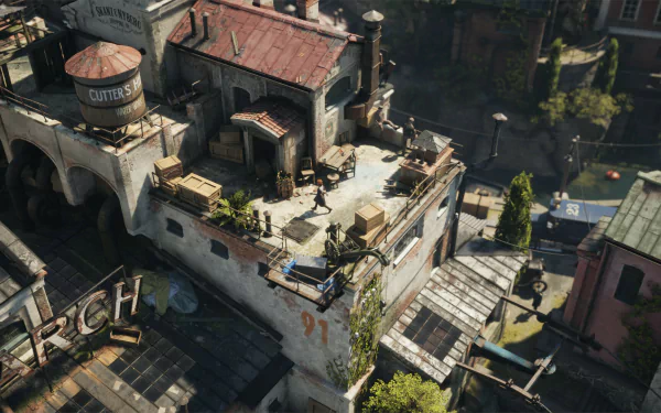 HD desktop wallpaper featuring a detailed aerial view of a rustic town setting from the video game Eriksholm: The Stolen Dream. The scene includes old buildings, rooftops, and various greenery.