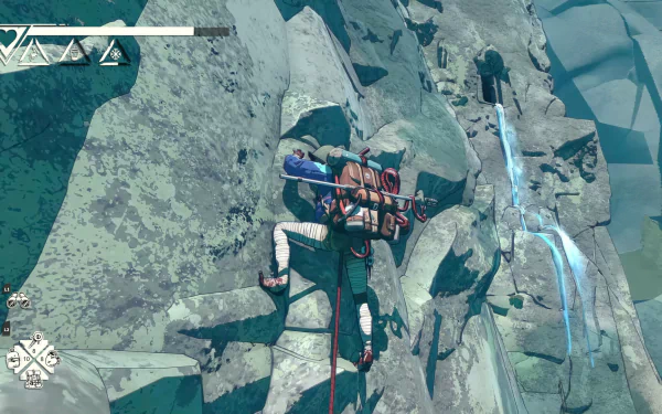 A climber scales a rocky terrain in the video game Cairn, with detailed textures and vibrant colors, set as an HD desktop wallpaper and background.