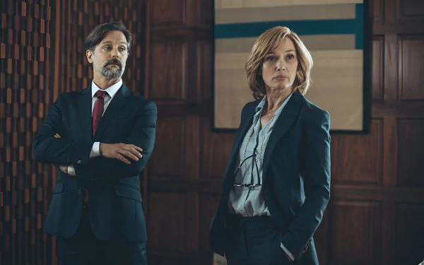 Two characters from the movie Under Paris, standing in a wood-paneled room, both dressed in business attire. The image is a high-definition desktop wallpaper and background.