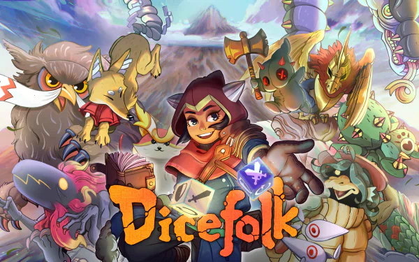 HD desktop wallpaper featuring characters from the video game Dicefolk, showcasing an adventurous scene with various colorful and dynamic creatures surrounding a central figure.