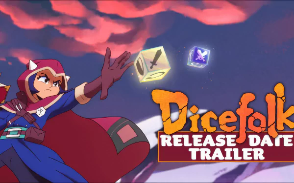 HD wallpaper featuring a Dicefolk video game character casting dice with the text Dicefolk Release Date Trailer against a dramatic sky background.
