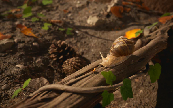 HD desktop wallpaper of the video game Empire of the Ants featuring a snail crawling on a branch with a natural, detailed forest floor background.