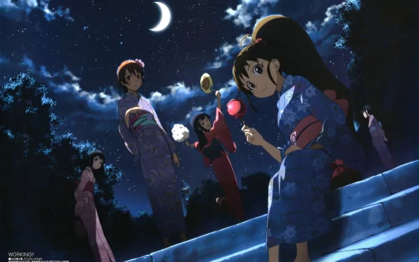 Nazuna Takanashi Mahiru Inami yukata moon starry sky Popura Taneshima Aoi Yamada Anime Working!! HD Desktop Wallpaper | Background Image