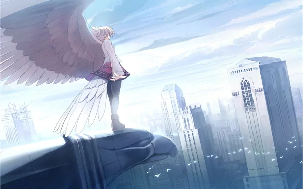 Anime angel with large white wings stands on a giant hand overlooking a bright cityscape in this HD PC desktop wallpaper and background.