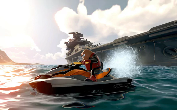 HD desktop wallpaper featuring a scene from the video game Killer Bean, showcasing a character riding a jet ski near a large ship under a sunlit sky.