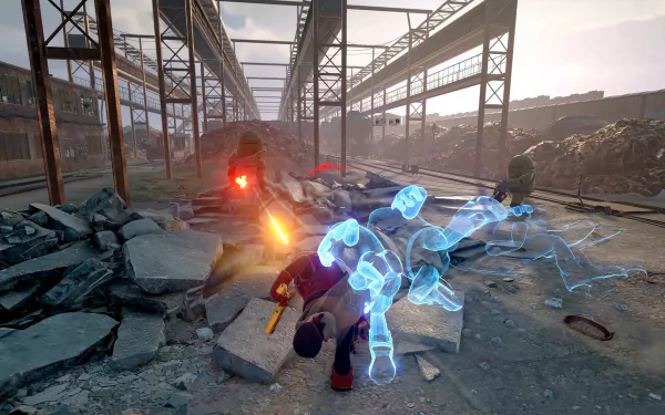 HD desktop wallpaper featuring a dynamic scene from the video game Killer Bean, showcasing intense action amidst an industrial, post-apocalyptic setting with characters battling among debris.