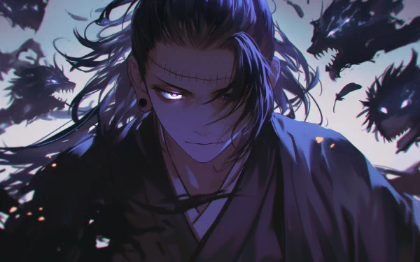 HD wallpaper featuring Suguru Geto from Jujutsu Kaisen, depicted with dark, flowing hair and surrounded by ominous shadows.