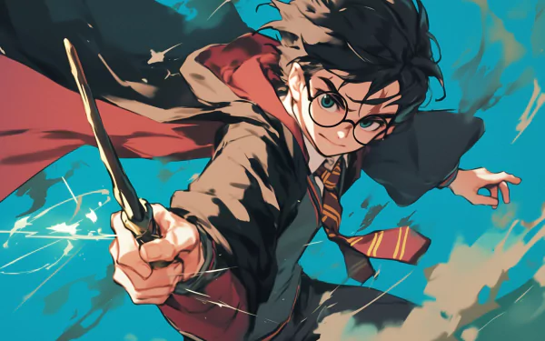 HD desktop wallpaper featuring an anime-style Harry Potter character holding a wand with a dynamic background.