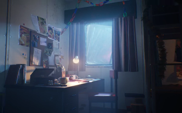 A high-definition wallpaper featuring a dimly lit desk in a cozy room with a window, decorated with paper chains, from the video game Still Wakes the Deep.
