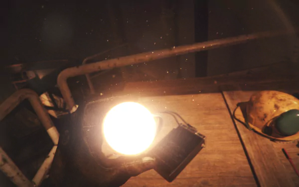 HD desktop wallpaper from the video game Still Wakes the Deep, featuring a close-up of a hand holding a bright light in a dimly lit, dusty room with a yellow helmet on a wooden surface.