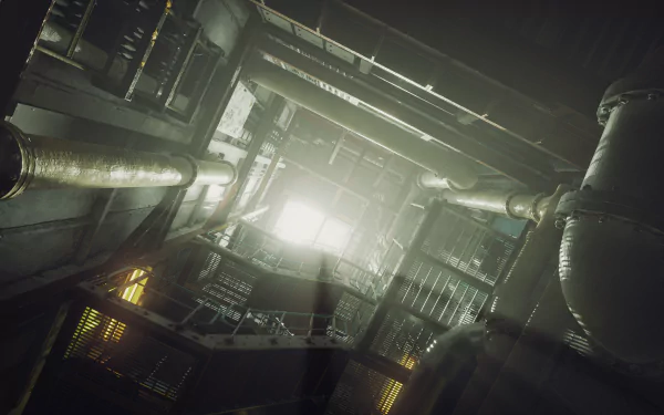 HD desktop wallpaper and background from the video game Still Wakes the Deep, depicting an industrial, metallic interior bathed in shafts of light.