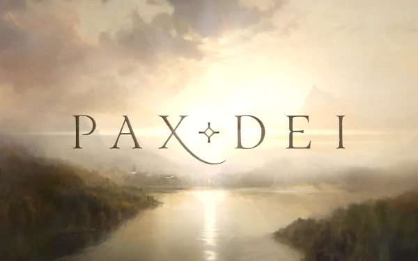 HD desktop wallpaper of the video game Pax Dei, featuring a serene, illuminated landscape with the game title prominently displayed in elegant font.
