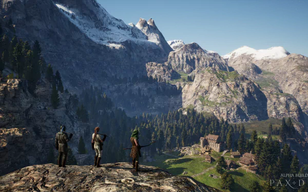 HD desktop wallpaper of Pax Dei RPG video game, featuring three characters standing on a rocky landscape with a panoramic view of forested mountains and a village below.