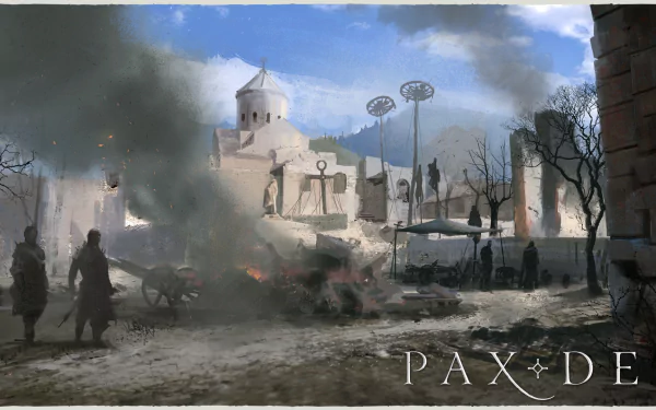 HD desktop wallpaper of Pax Dei showing a serene yet dramatic evening scene with medieval architecture, figures walking, and smoke in the background.