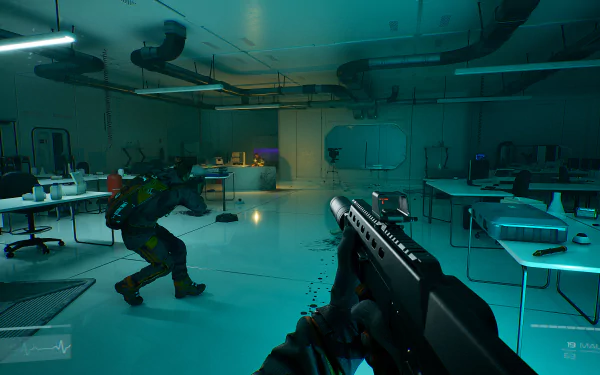 A high-definition wallpaper of Level Zero: Extraction video game, depicting an intense in-game scene with a player aiming a gun in a futuristic lab setting.