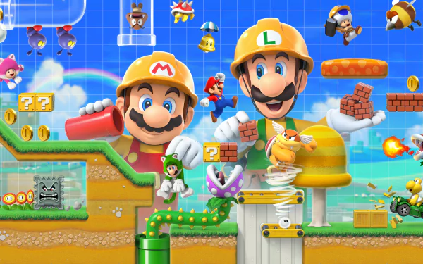 A vibrant 4K Ultra HD PC wallpaper featuring Mario and Luigi in construction gear creating a Super Mario Maker level with various enemies and elements against a blue grid background.