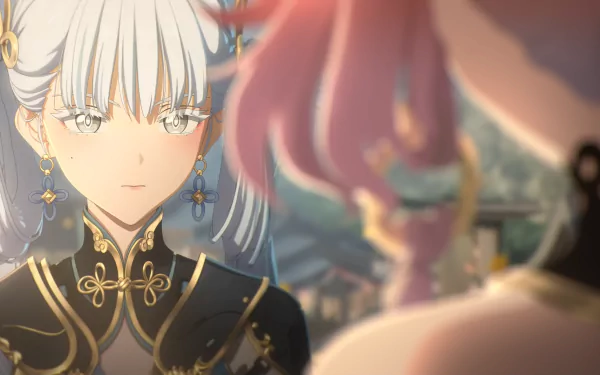 HD desktop wallpaper featuring Jinhsi from the video game Wuthering Waves, depicting an animated character with silver hair and intricate outfit, engaging with another character in the foreground.