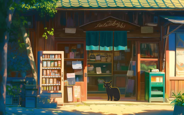 HD desktop wallpaper inspired by Studio Ghibli anime, featuring a quaint shop with a black cat sitting at the entrance.