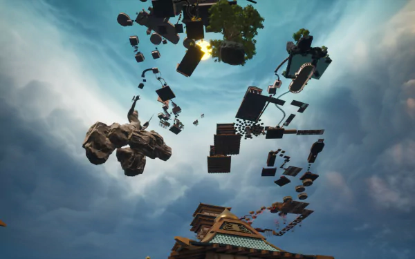 HD desktop wallpaper featuring Chained Together video game theme with floating islands and structures against a cloudy sky backdrop.
