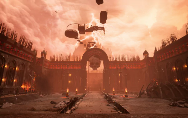 HD desktop wallpaper featuring an intense scene from the video game Chained Together, showcasing a dramatic, fortress-like environment with fiery skies and floating structures.