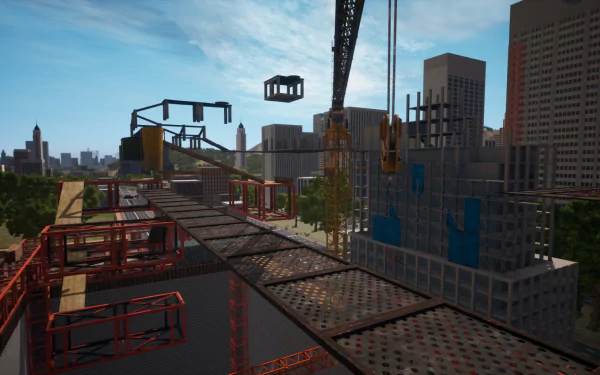 HD wallpaper of a construction site from the video game Chained Together, featuring an urban landscape with buildings, cranes, and scaffolding against a blue sky background.