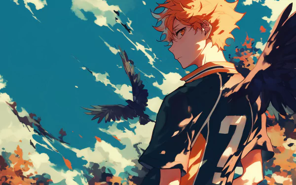 HD desktop wallpaper featuring Shōyō Hinata from Anime Haikyū!!, illustrated with striking colors as he gazes into the distance with birds flying behind him.