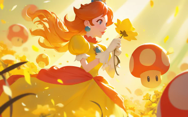 HD desktop wallpaper featuring Princess Daisy from Super Mario Bros., holding a flower, with mushrooms from the Mario series surrounding her in a sunny, whimsical setting.