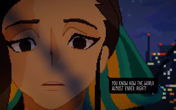 A HD desktop wallpaper for the video game Until Then featuring a close-up of a character with a night cityscape in the background and text reading, You know how the world almost ended, right?