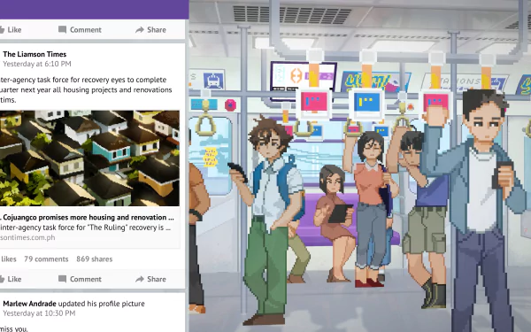 An HD desktop wallpaper featuring a scene from the video game Until Then, depicting characters on a subway with a social media feed superimposed on the left side.