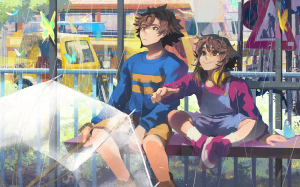 HD desktop wallpaper for the video game Until Then, featuring two animated characters sitting together on a bench in a vibrant, rainy urban setting.