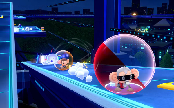 HD desktop wallpaper featuring gameplay from the video game Super Monkey Ball Banana Rumble, showing characters in transparent balls on a futuristic blue track with a cityscape backdrop.