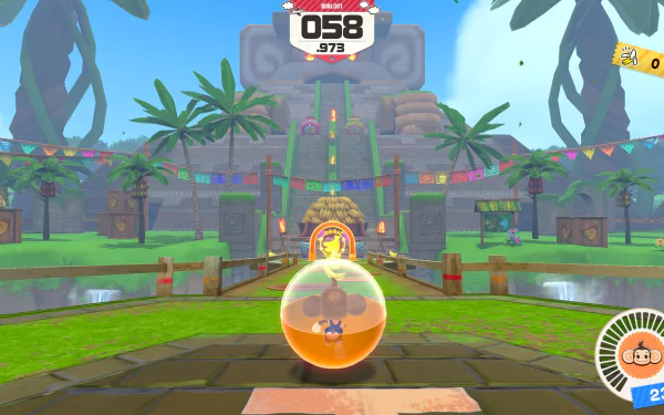 HD desktop wallpaper featuring a scene from the video game Super Monkey Ball Banana Rumble, showing a monkey in a ball navigating a vibrant, jungle-themed track with a temple in the background.