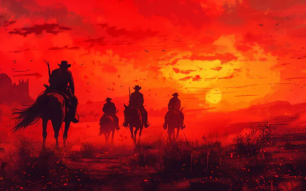 HD desktop wallpaper featuring a stunning scene from Red Dead Redemption 2. Four cowboys ride into a vivid, fiery sunset in the wild west, encapsulating the game's rugged, adventurous spirit.