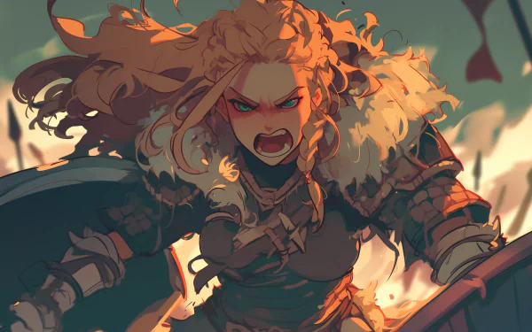HD desktop wallpaper featuring an anime girl with a fierce expression in a medieval Viking setting, adorned in battle armor with flowing hair and a fur cloak, set against a dynamic, action-packed background.