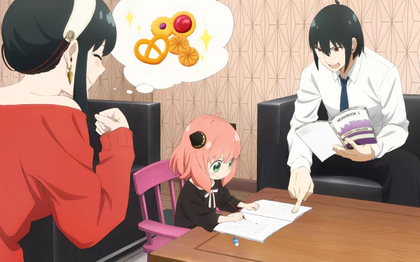 HD desktop wallpaper featuring characters from the video game SPY×ANYA: Operation Memories. The image depicts three characters in a casual setting, with one character helping another with homework.