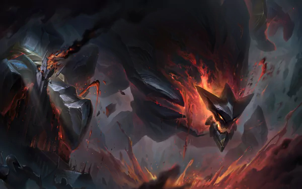 HD desktop wallpaper featuring Malphite from League of Legends in a dramatic and fiery scene. Dark tones and intense flames create a powerful and immersive gaming atmosphere.