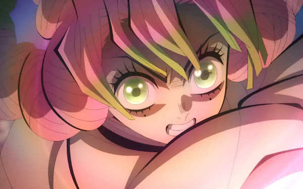 Close-up of Mitsuri Kanroji from Demon Slayer: Kimetsu no Yaiba in vibrant 4K Ultra HD, displaying her intense expression and colorful hair for a PC desktop wallpaper.