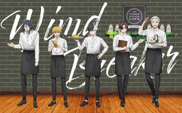 HD PC desktop wallpaper featuring five anime characters from Wind Breaker dressed as café staff, standing against a brick wall with a wooden floor background.