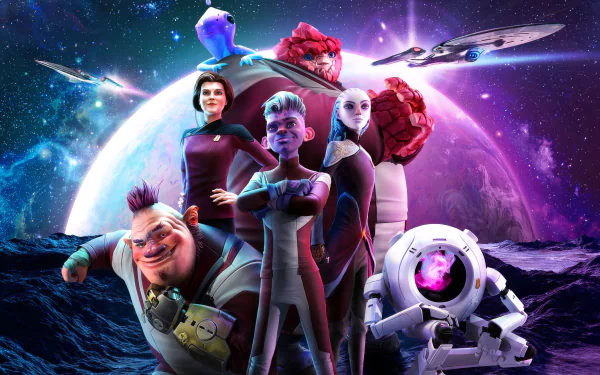 HD desktop wallpaper for the TV show Star Trek: Prodigy featuring the main characters standing in front of a futuristic, starry space background.