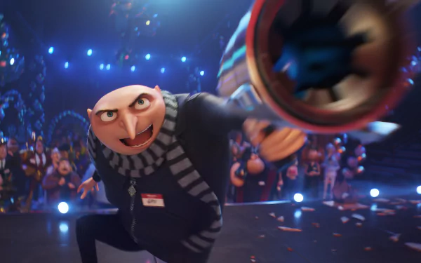 HD wallpaper featuring Gru from Despicable Me 4, intensely engaging in action with a futuristic weapon. The dynamic background is filled with lively, colorful lights and characters.